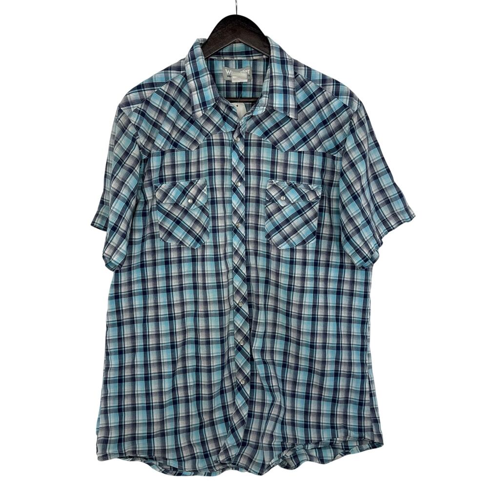 Wrangler Wrancher Blue Plaid Pearl Snap XL